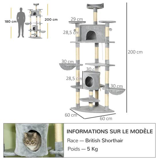 Arbre à chat XXL panneaux particules pour grands espaces jeux 60x60x200cm gris - ComfortXL Outdoor Living - Image 5