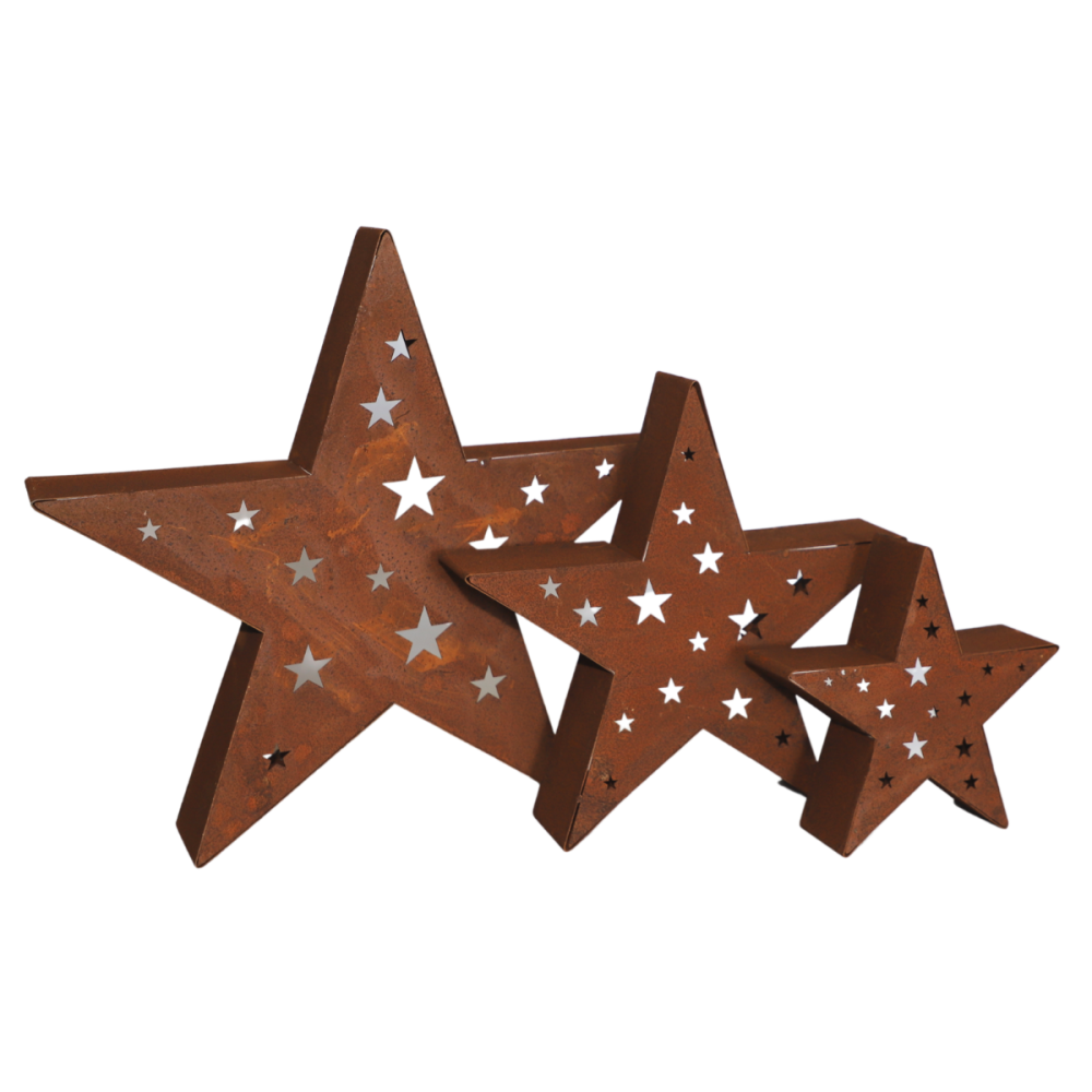 Set de 3 bougeoirs étoiles en métal rouillé Ø20-30-40 cm Chemin de campagne - Imagen 1