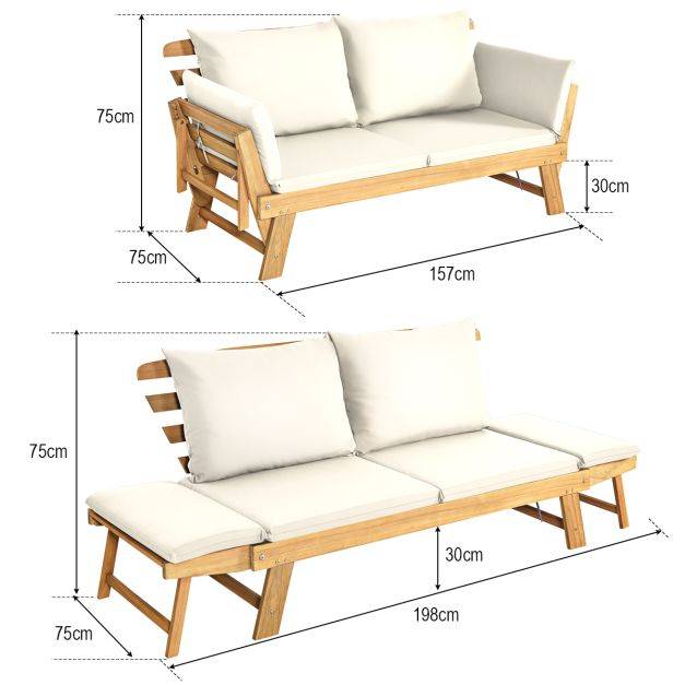 Helloshop26 - Chaise longue convertible avec coussin canapé de jardin 2 en 1 en bois d’acacia avec accoudoir réglable pour patio piscine jardin blanc - Imagen 5