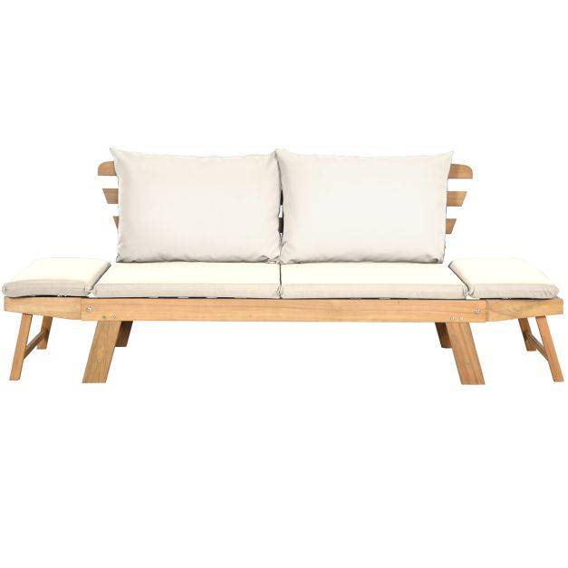 Helloshop26 - Chaise longue convertible avec coussin canapé de jardin 2 en 1 en bois d’acacia avec accoudoir réglable pour patio piscine jardin blanc - Imagen 2