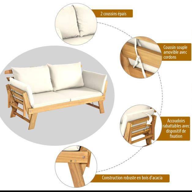 Helloshop26 - Chaise longue convertible avec coussin canapé de jardin 2 en 1 en bois d’acacia avec accoudoir réglable pour patio piscine jardin blanc - Imagen 4