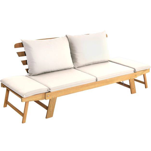 Helloshop26 - Chaise longue convertible avec coussin canapé de jardin 2 en 1 en bois d’acacia avec accoudoir réglable pour patio piscine jardin blanc - Imagen 3