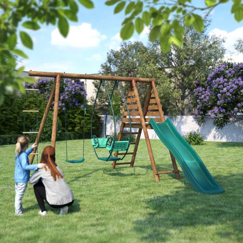 Soulet - Portique en bois rond 3 agrès avec face à face, échelle et toboggan LAVANDE - Imagen 3
