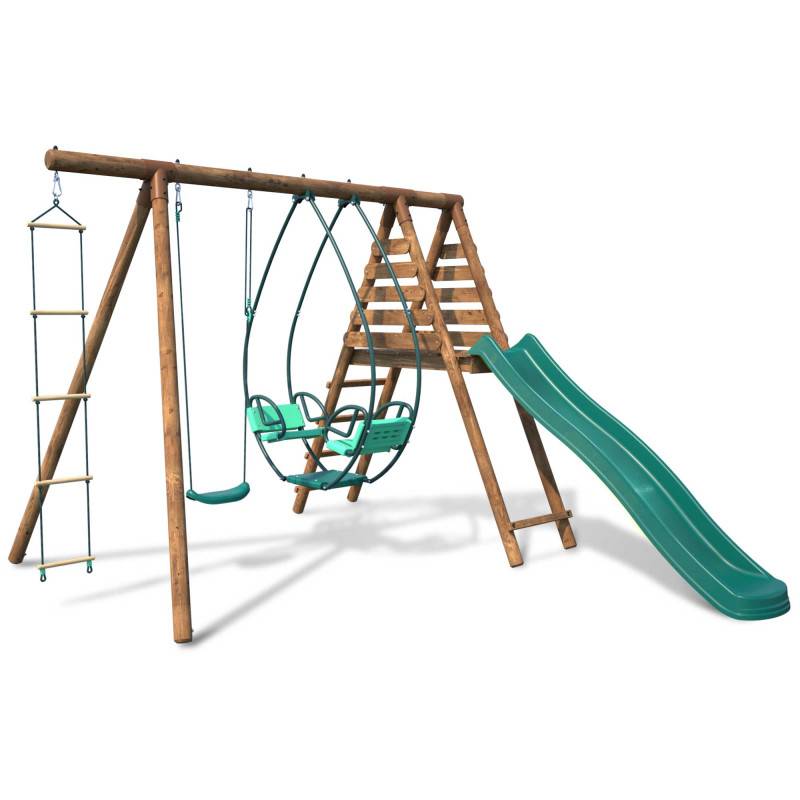 Soulet - Portique en bois rond 3 agrès avec face à face, échelle et toboggan LAVANDE - Imagen 1