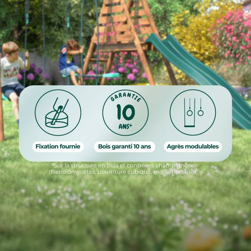 Soulet - Portique en bois rond 3 agrès avec face à face, échelle et toboggan LAVANDE - Imagen 9