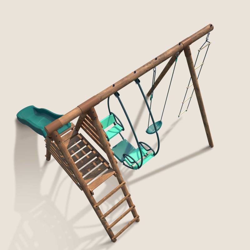 Soulet - Portique en bois rond 3 agrès avec face à face, échelle et toboggan LAVANDE - Imagen 5