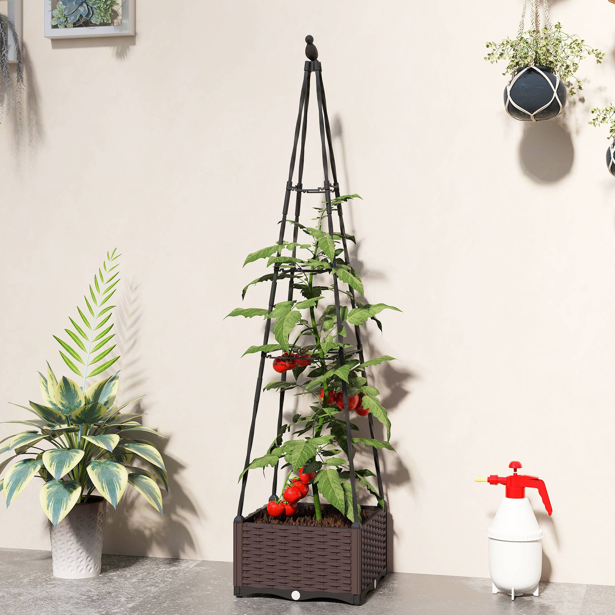 Jardinière avec treillis métal pour grimpantes, pot PP drainage et bouchons 40x40x175 cm - Image 4
