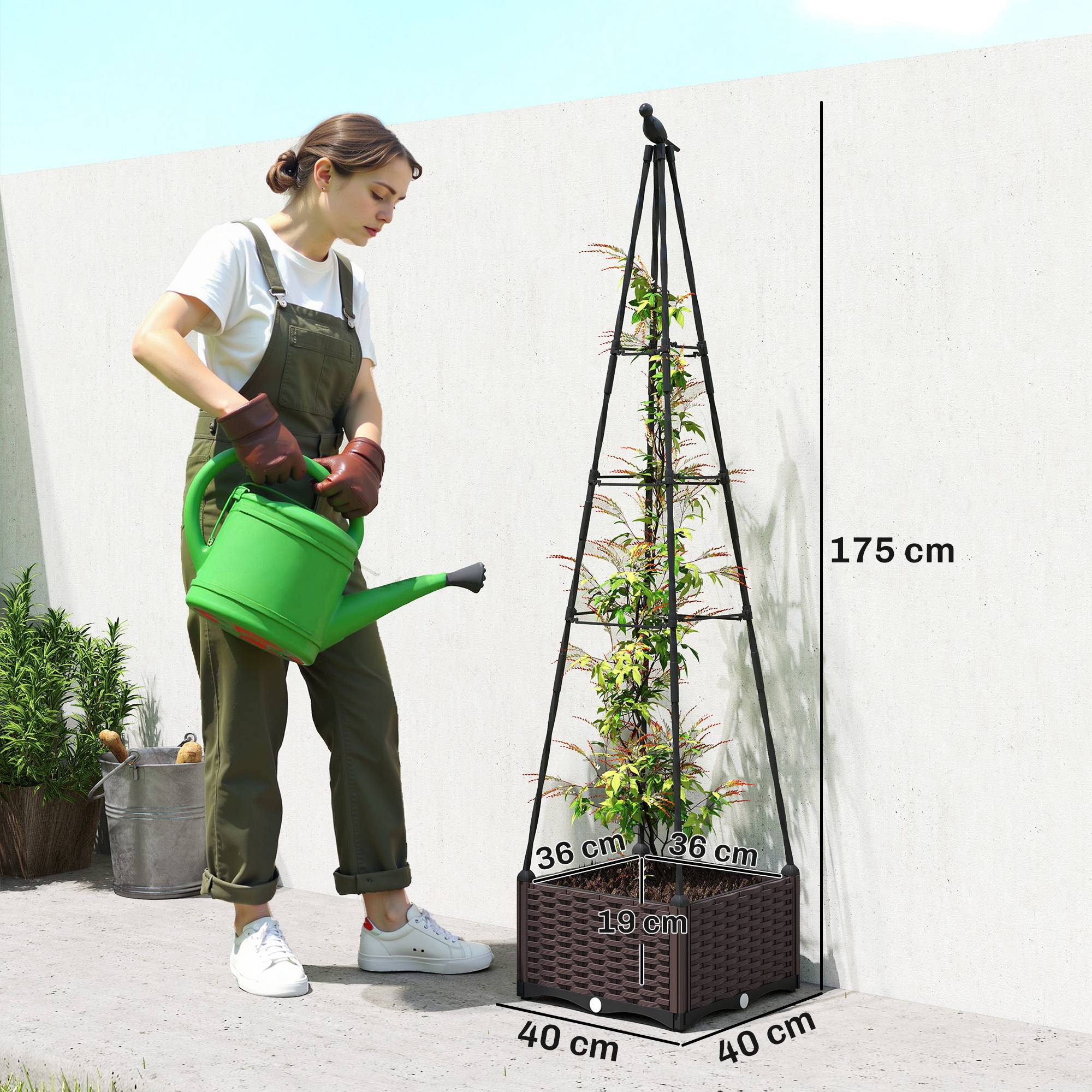 Jardinière avec treillis métal pour grimpantes, pot PP drainage et bouchons 40x40x175 cm - Image 5