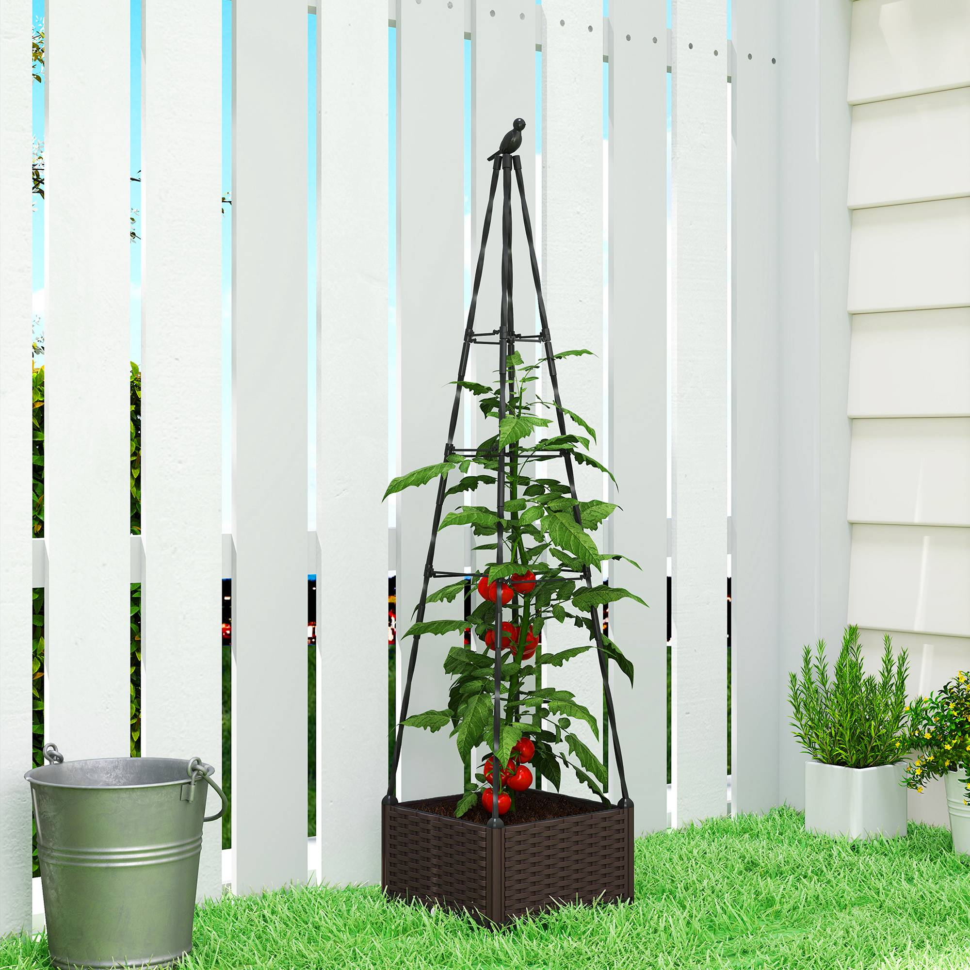Jardinière avec treillis métal pour grimpantes, pot PP drainage et bouchons 40x40x175 cm - Image 3