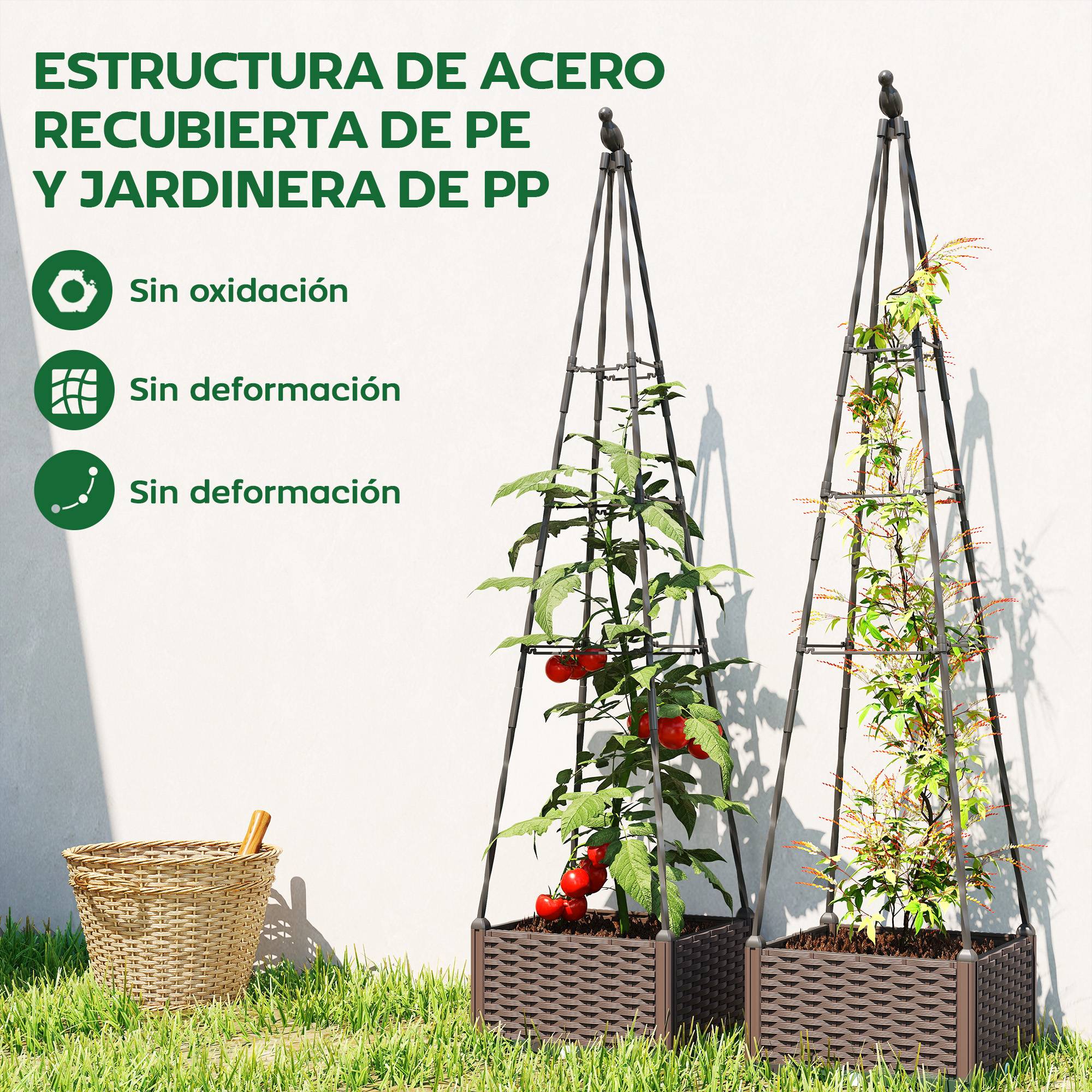 Jardinière avec treillis métal pour grimpantes, pot PP drainage et bouchons 40x40x175 cm - Image 9