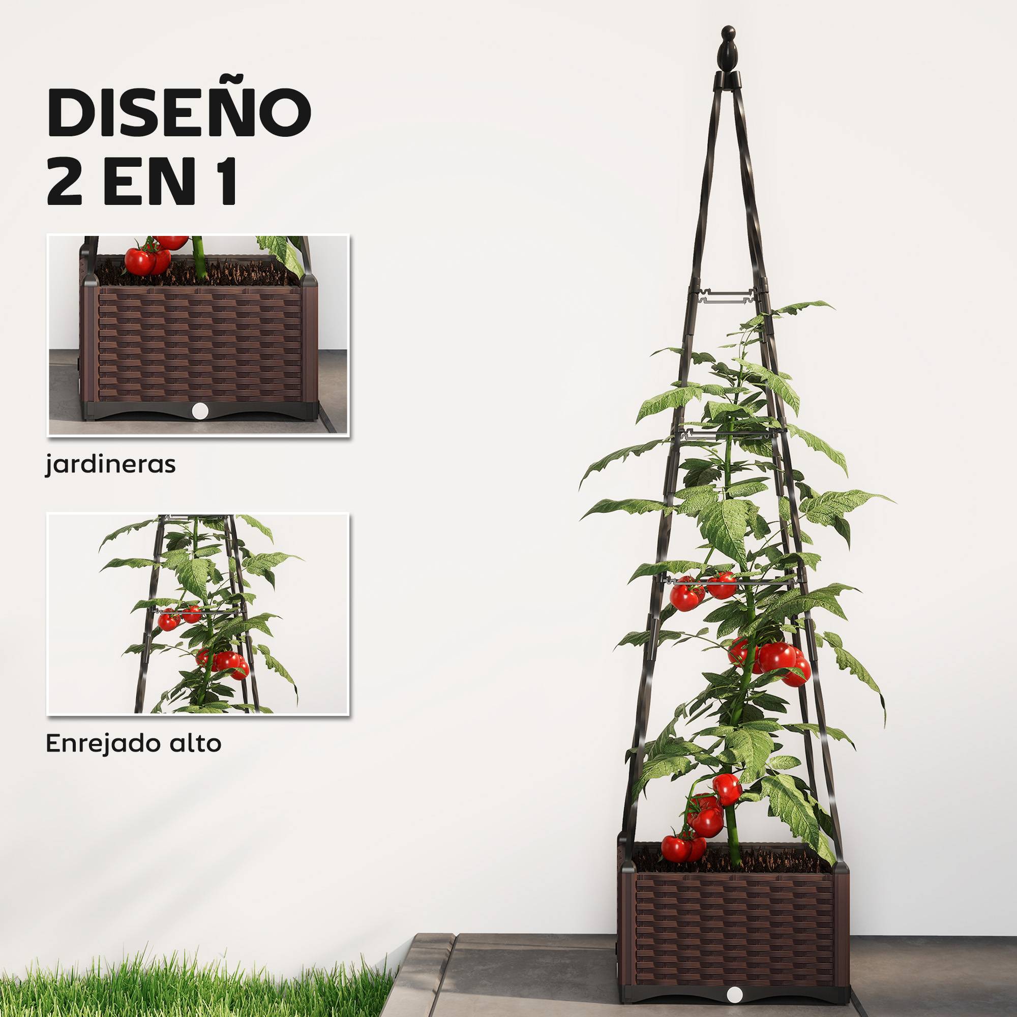 Jardinière avec treillis métal pour grimpantes, pot PP drainage et bouchons 40x40x175 cm - Image 6