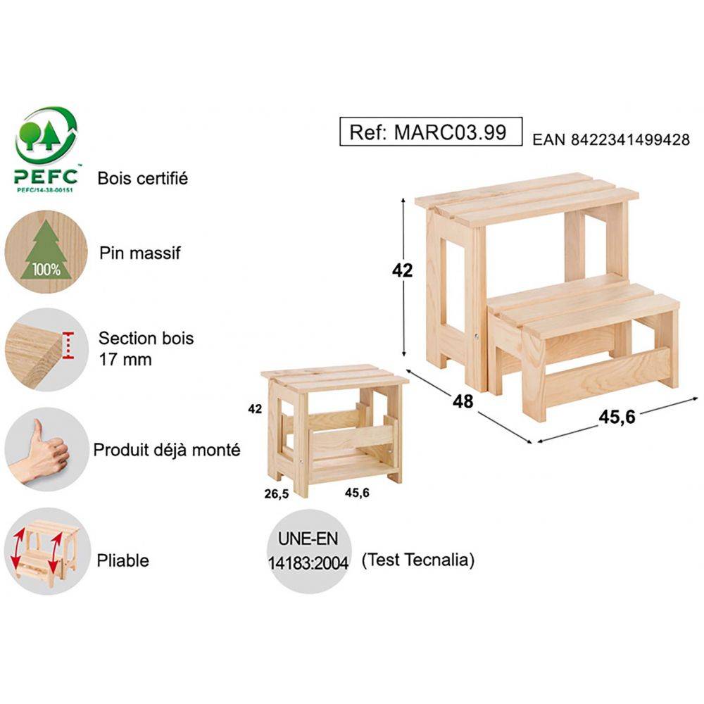 Marche pied pliable en pin massif - Imagen 3