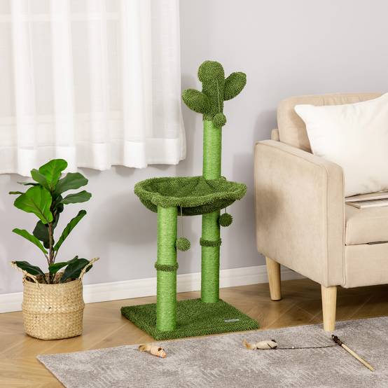 Arbre à chat forme cactus en bois pour petit espace avec hamac et balle 96cm vert - ComfortXL Outdoor Living - Image 4