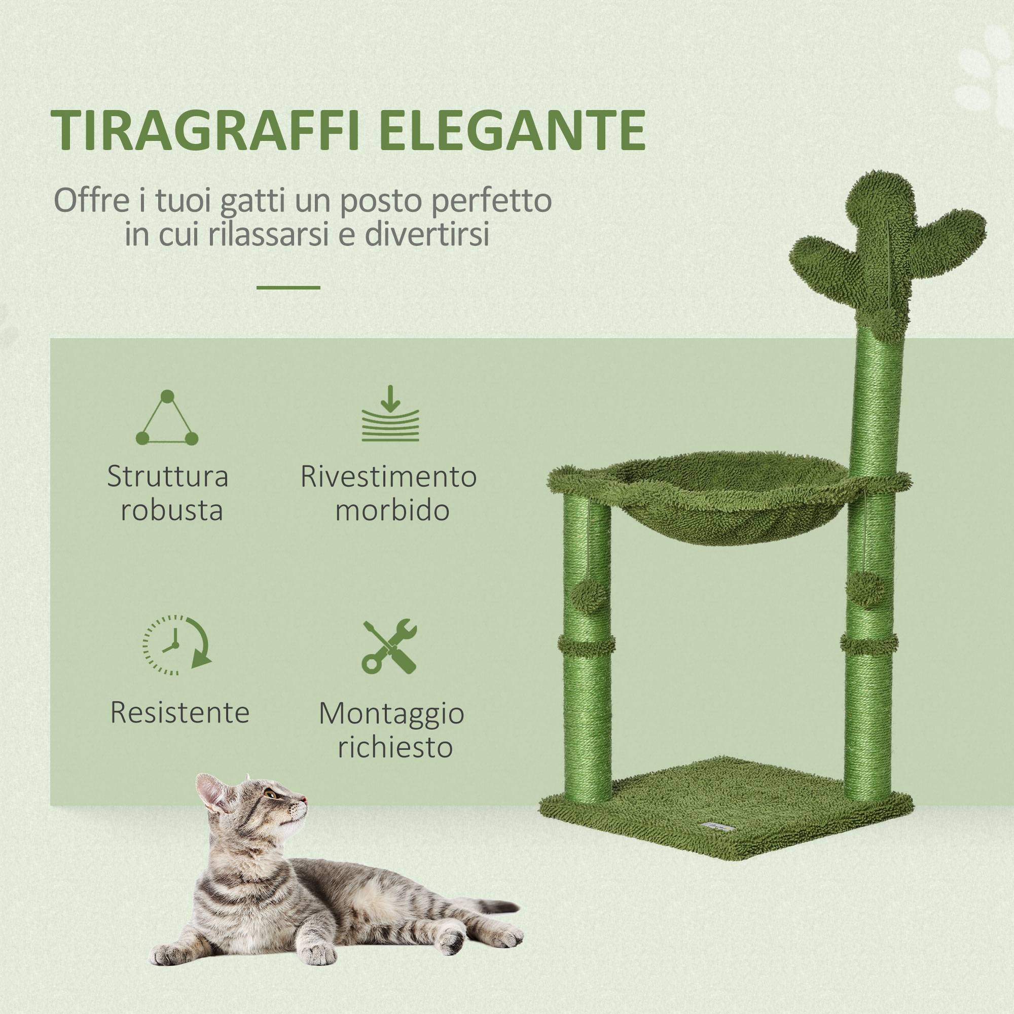 Arbre à chat forme cactus en bois pour petit espace avec hamac et balle 96cm vert - ComfortXL Outdoor Living - Image 6