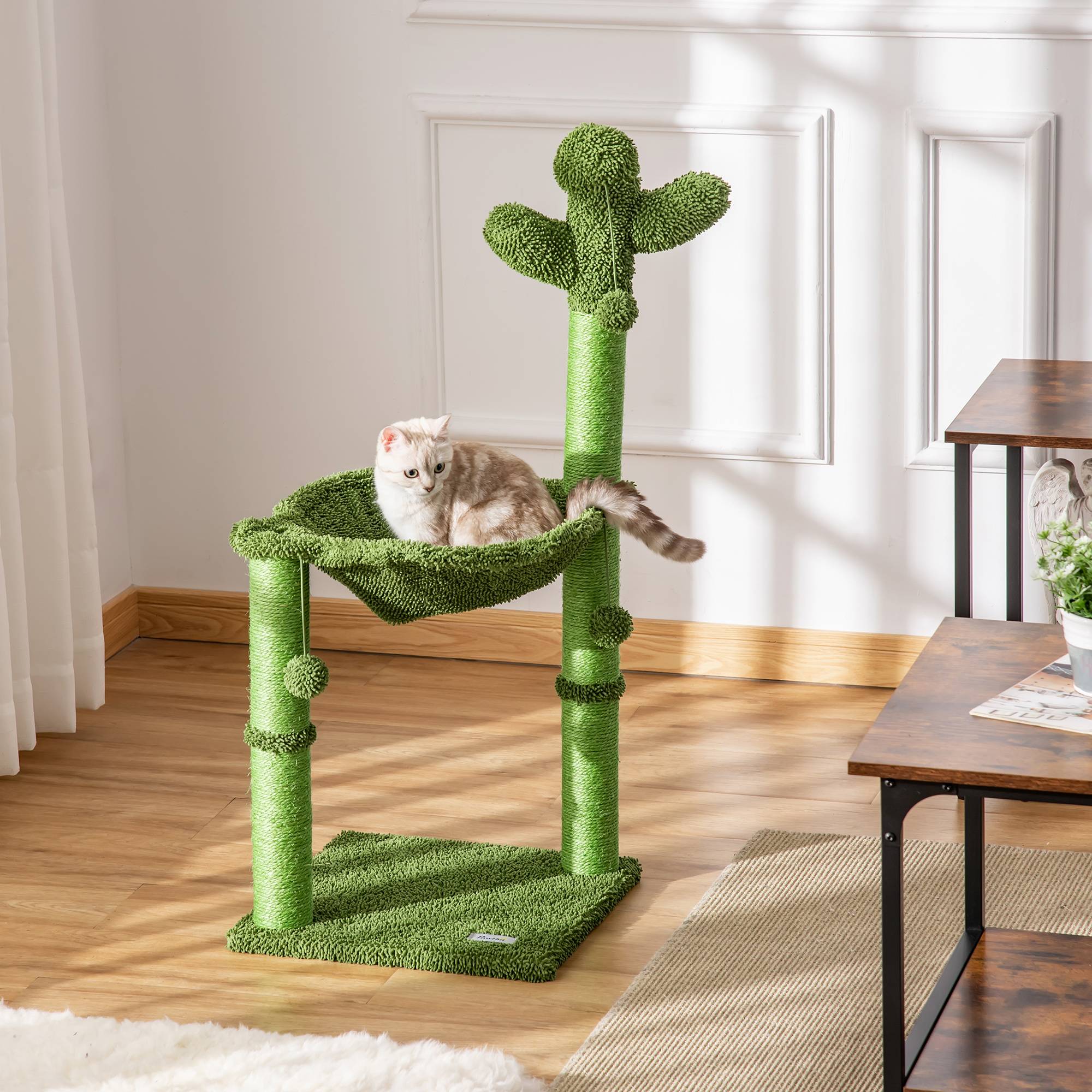 Arbre à chat forme cactus en bois pour petit espace avec hamac et balle 96cm vert - ComfortXL Outdoor Living - Image 3