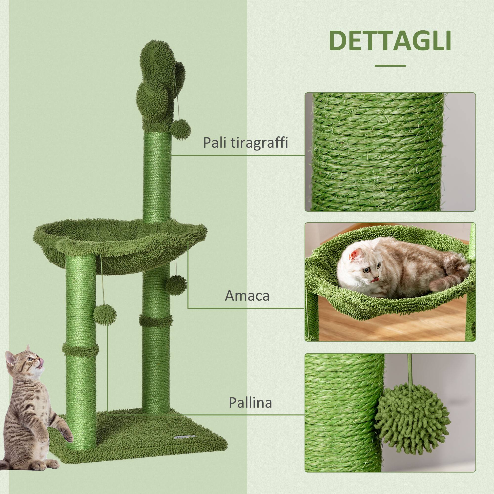 Arbre à chat forme cactus en bois pour petit espace avec hamac et balle 96cm vert - ComfortXL Outdoor Living - Image 7