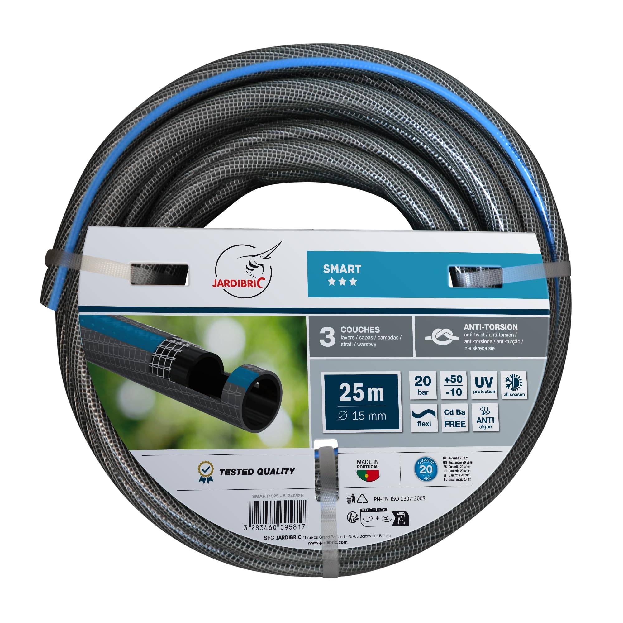 Jardibric - Tuyau Arrosage 3 Couches Jardibric Ø15mm 25m Guipé Tricoté SMART Résistant 20 bar Anti UV Anti Algues Flexible Toutes Saisons - Imagen 1