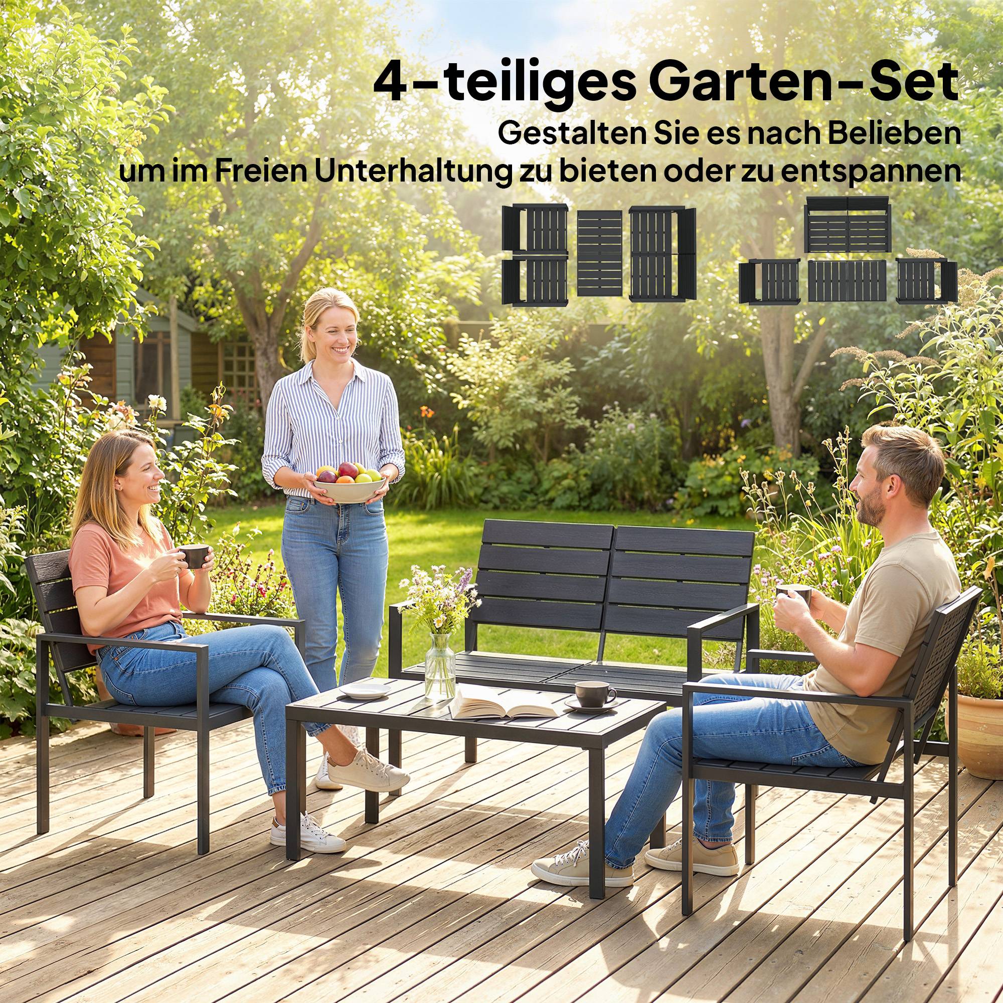 Salon de jardin 4 places : canapé 2 places + 2 fauteuils + table d'appoint, design lamelles, noir - Image 7