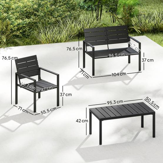 Salon de jardin 4 places : canapé 2 places + 2 fauteuils + table d'appoint, design lamelles, noir - Image 3