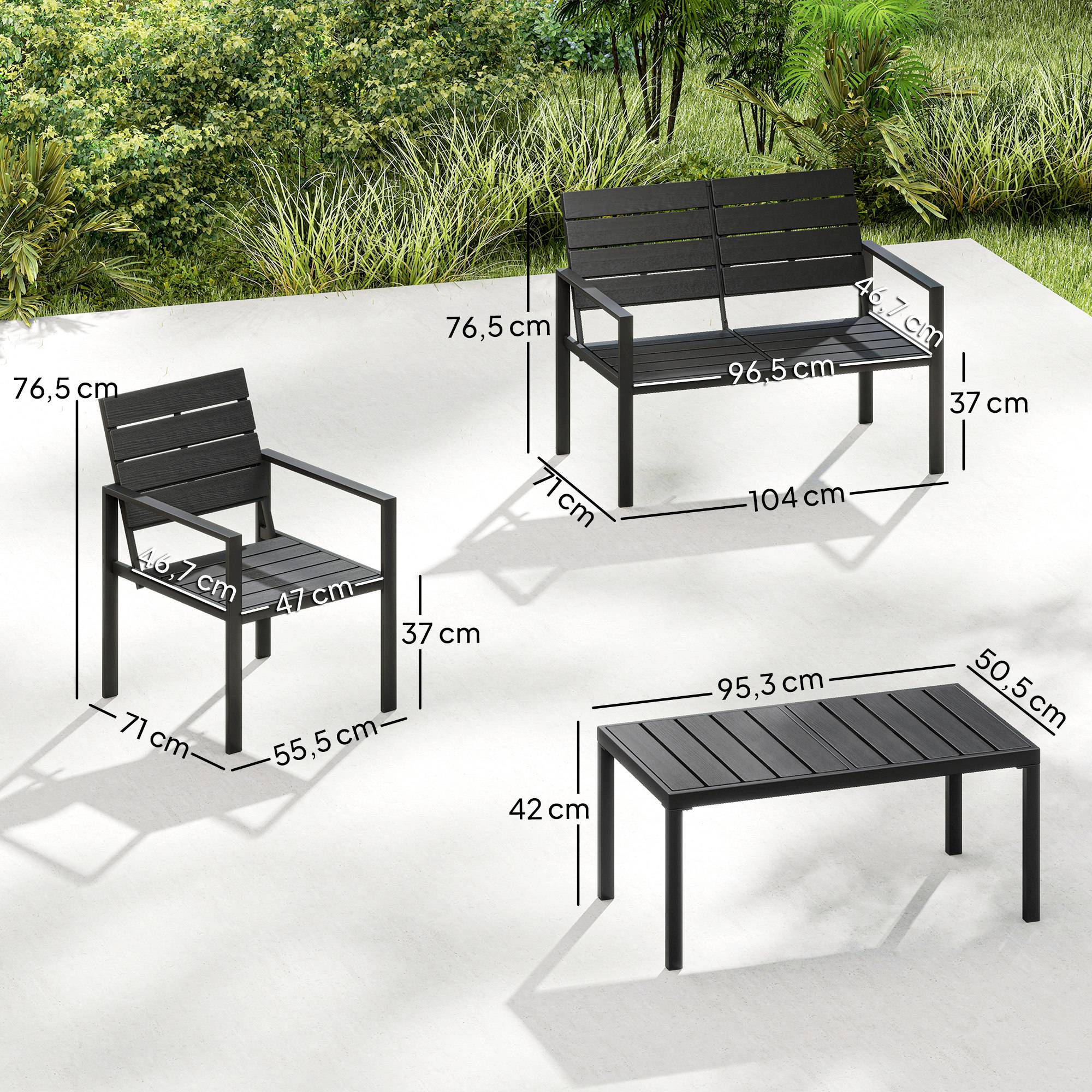 Salon de jardin 4 places : canapé 2 places + 2 fauteuils + table d'appoint, design lamelles, noir - Image 3