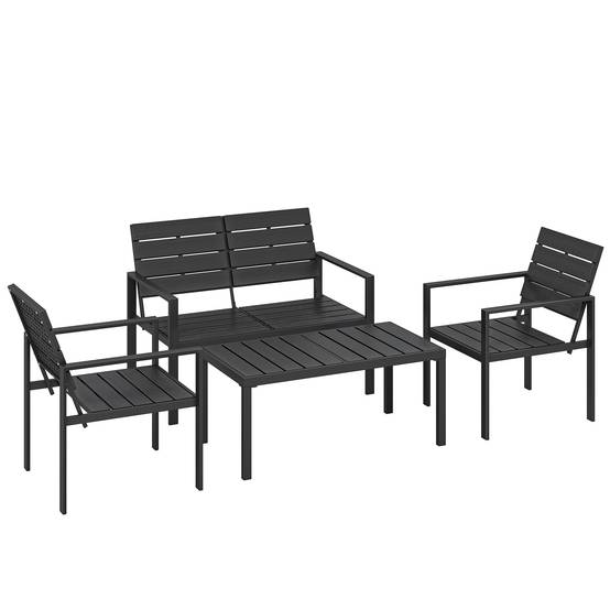 Salon de jardin 4 places : canapé 2 places + 2 fauteuils + table d'appoint, design lamelles, noir - Image 1
