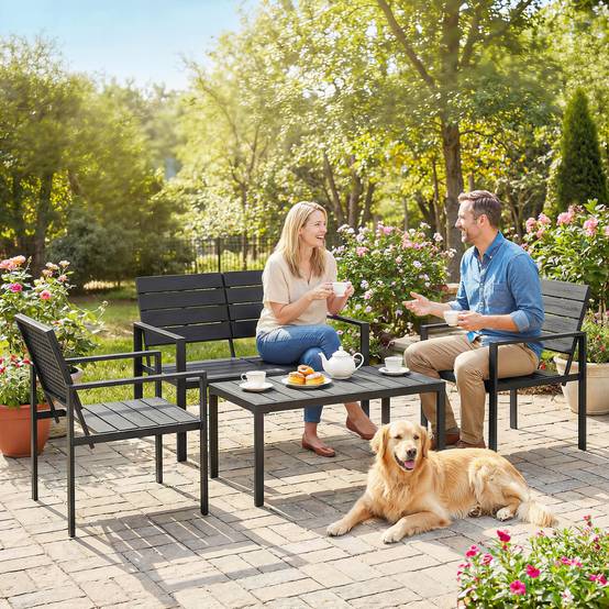 Salon de jardin 4 places : canapé 2 places + 2 fauteuils + table d'appoint, design lamelles, noir - Image 9