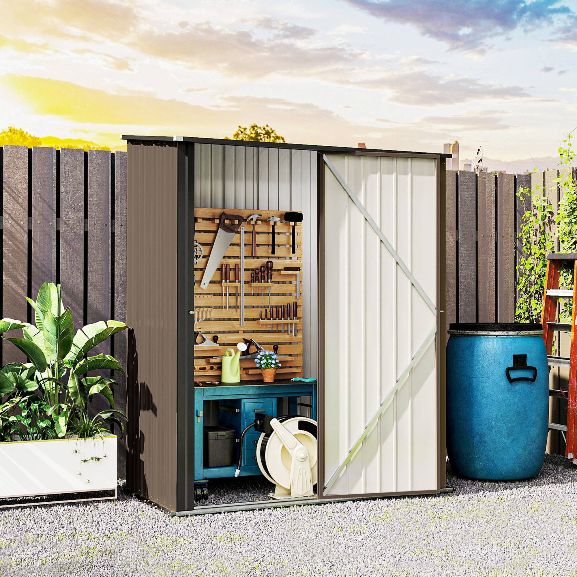 Abri de jardin métallique 1,34m², toit monopente, porte verrouillable, étanche, marron - Image 4