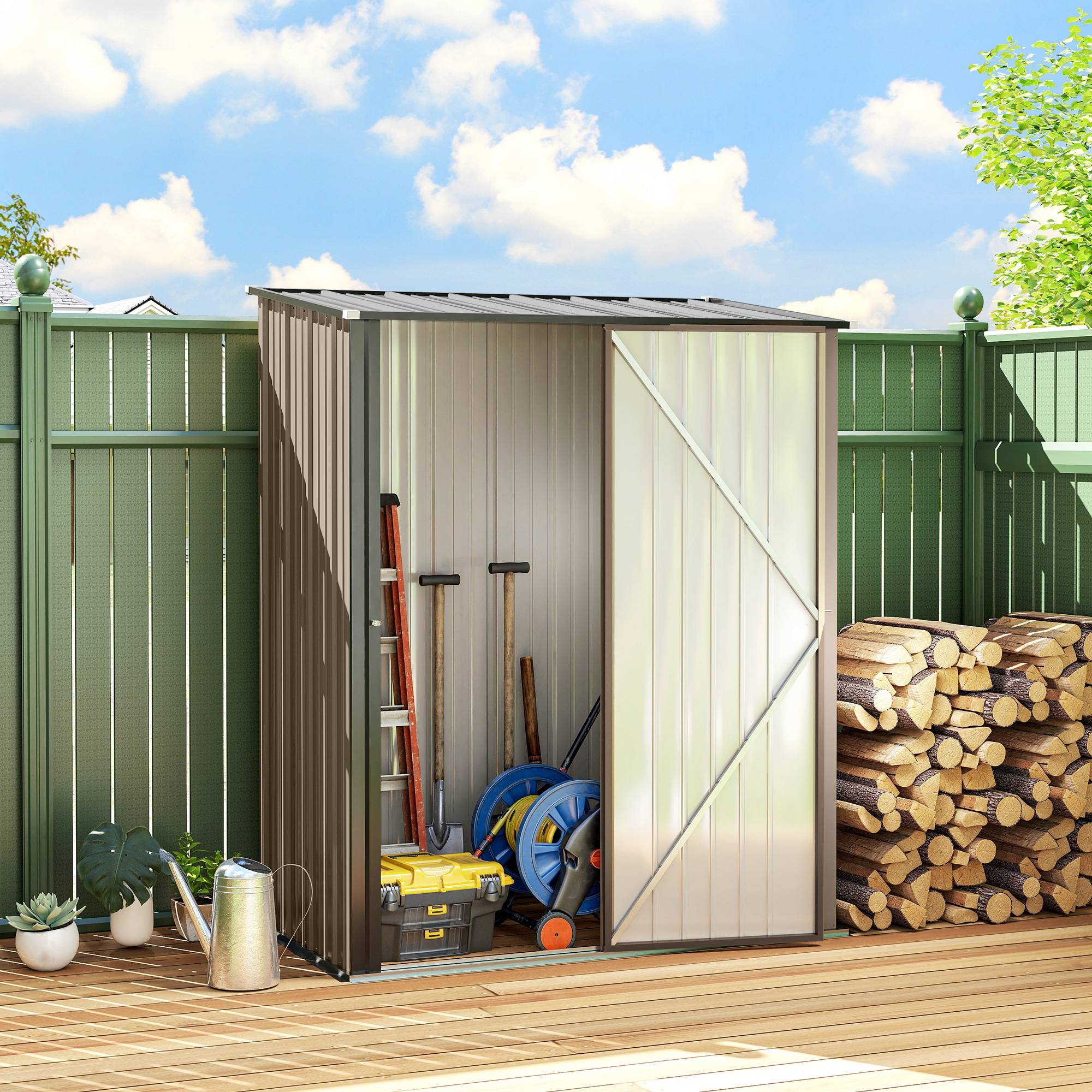 Abri de jardin métallique 1,34m², toit monopente, porte verrouillable, étanche, marron - Image 3