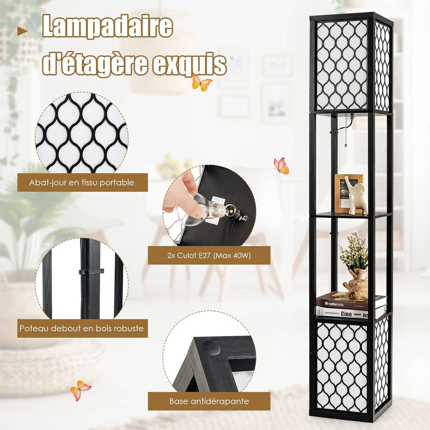 Lampadaire sur Pied/Lampe sur Pied 1,56 M-COSTWAY-2 Etagères de Stockage - Image 3