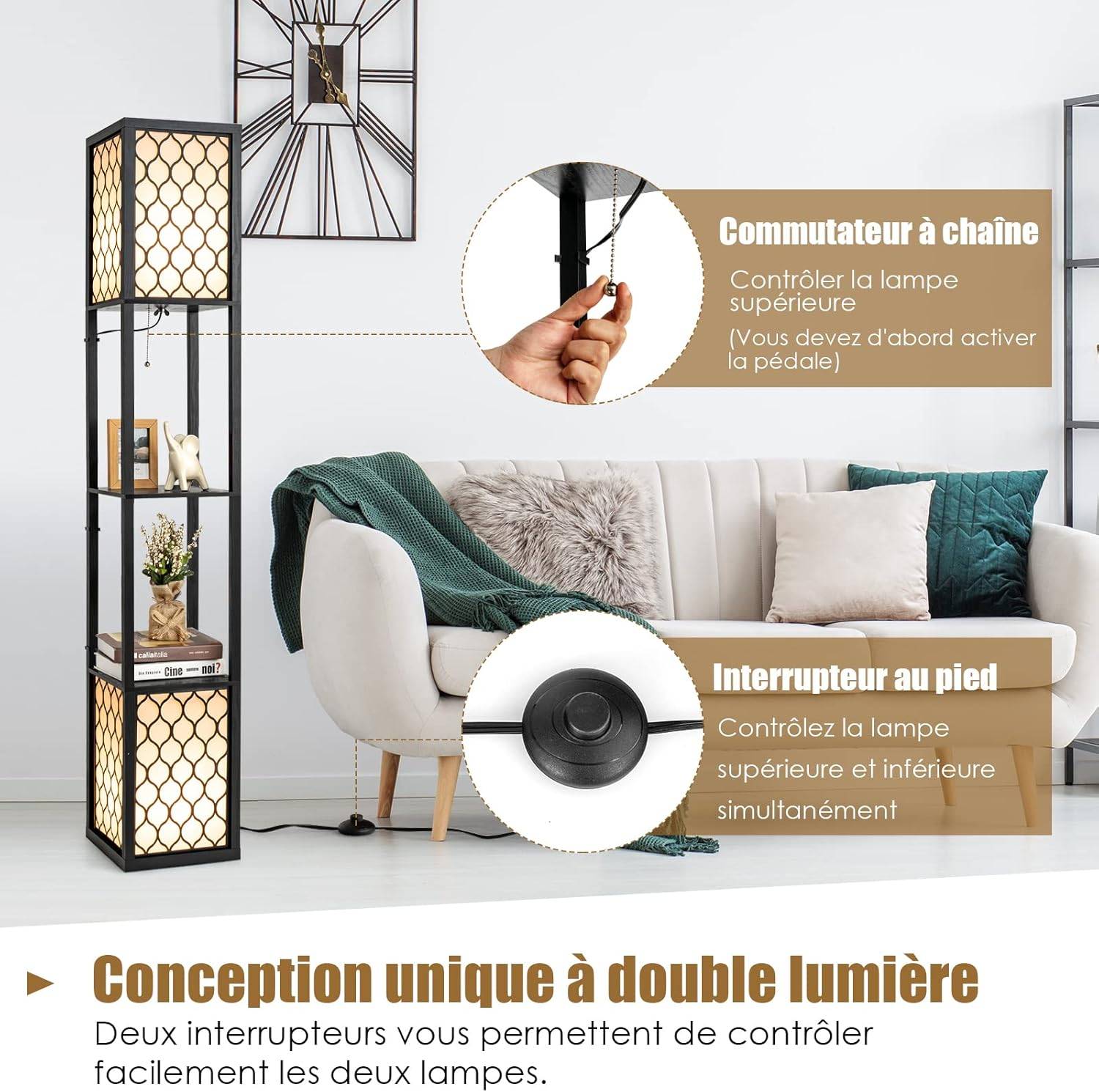 Lampadaire sur Pied/Lampe sur Pied 1,56 M-COSTWAY-2 Etagères de Stockage - Image 2