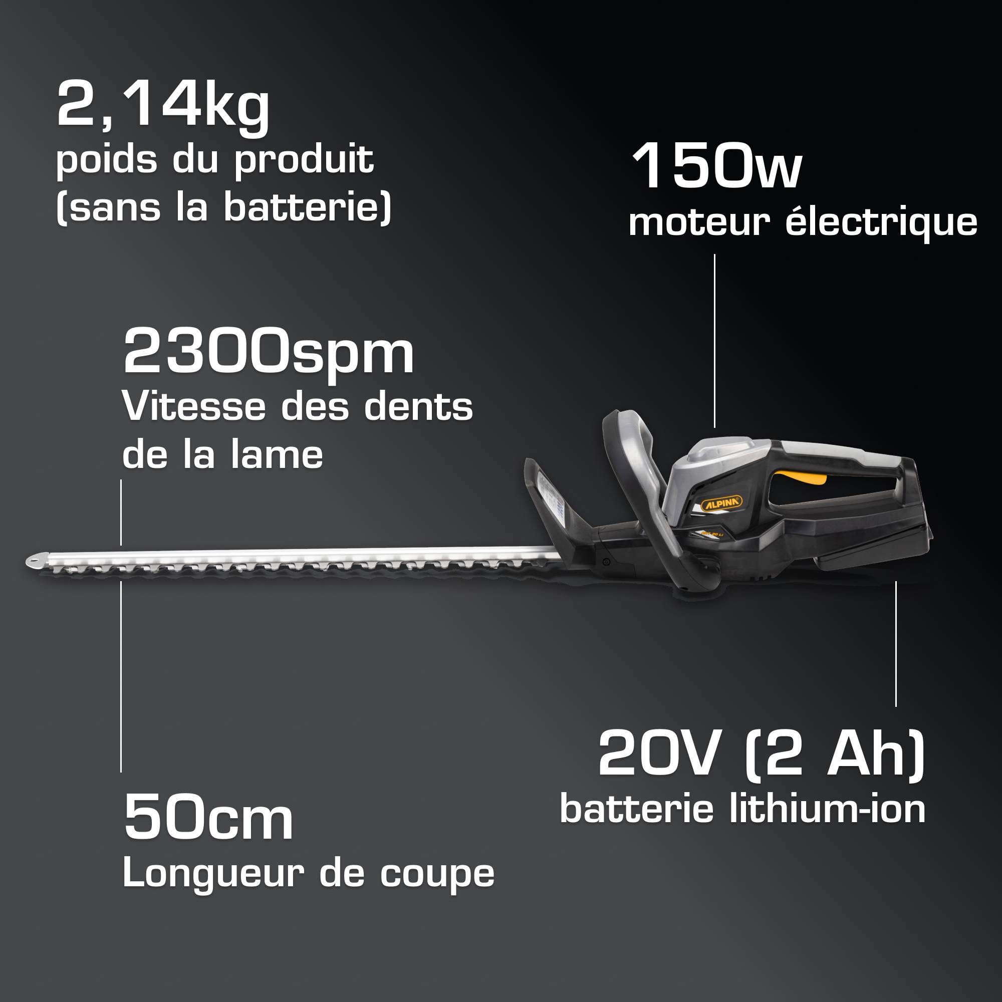 Alpina - Taille-haie sans fil AH 20 Li Kit, 20V, lames 55cm, 2.2kg, batterie incluse - ALPINA - Imagen 6