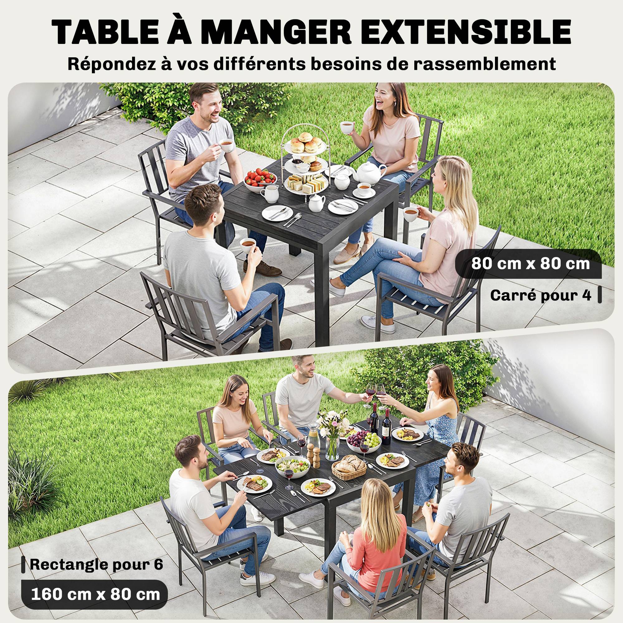 Table jardin extensible aluminium pour 4-6 personnes rallonge intégrée 80-160x80cm noir - ComfortXL Outdoor Living - Image 6
