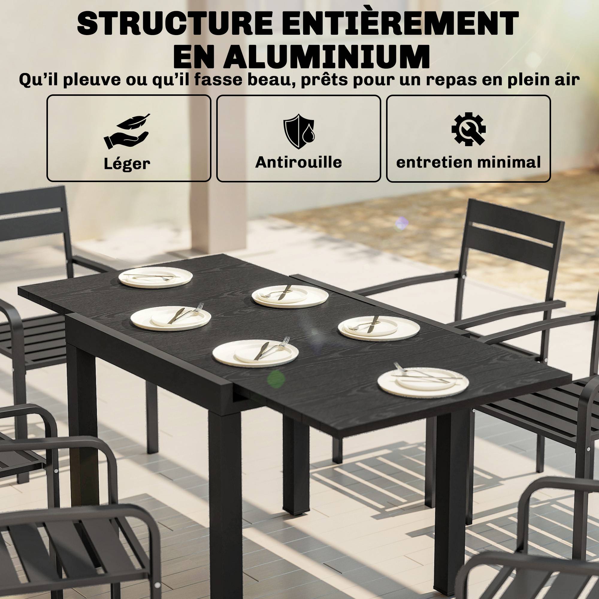 Table jardin extensible aluminium pour 4-6 personnes rallonge intégrée 80-160x80cm noir - ComfortXL Outdoor Living - Image 7