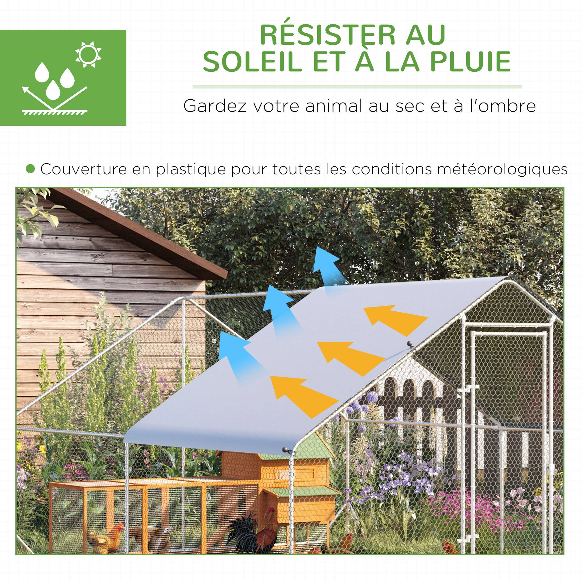 Enclos poulailler chenil volière extérieur 12 m² - Parc grillagé dim. 3L x 4l x 2H m - Espace Couvert - Acier galvanisé - Image 6
