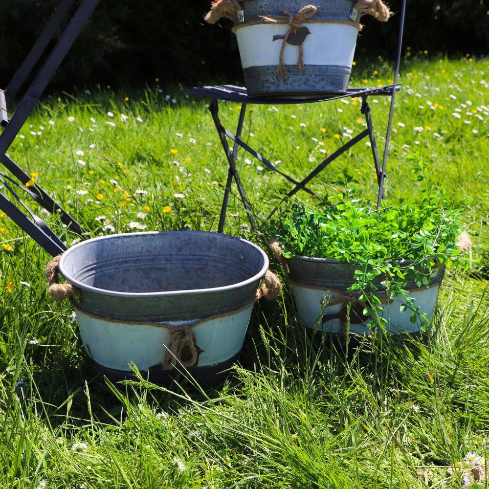 ~Set3 jardinières extérieures bassine métal gris 26.5-30.5-33.5cm Chemin de campagne - Imagen 4