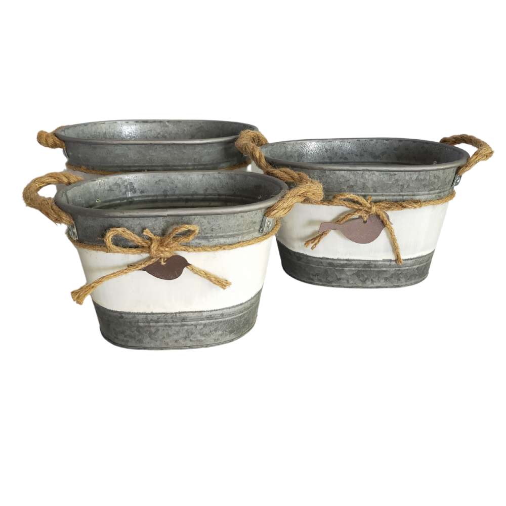 ~Set3 jardinières extérieures bassine métal gris 26.5-30.5-33.5cm Chemin de campagne - Imagen 1