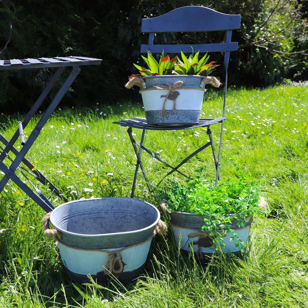 ~Set3 jardinières extérieures bassine métal gris 26.5-30.5-33.5cm Chemin de campagne - Imagen 3