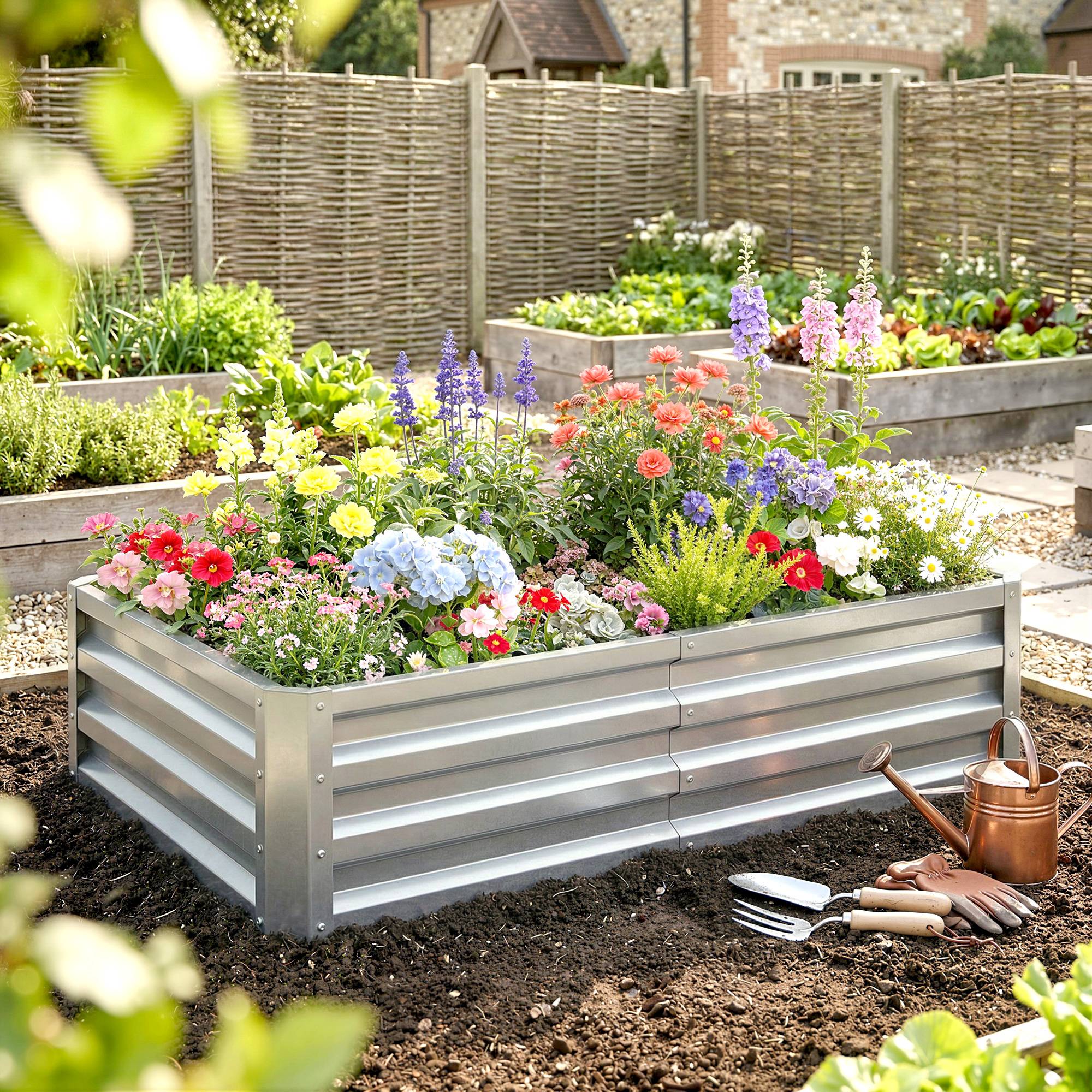 Potager rectangulaire en tôle acier ondulée argent 120 x 60 x 30,5 cm, bac surélevé pour jardin terrasse extérieur - Image 3