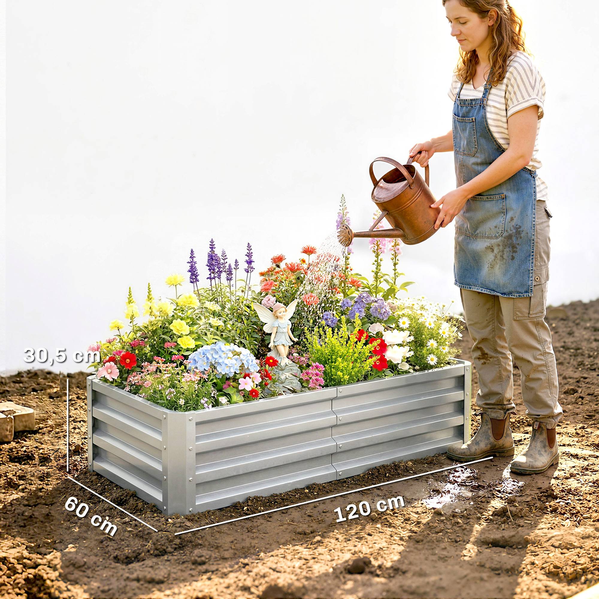 Potager rectangulaire en tôle acier ondulée argent 120 x 60 x 30,5 cm, bac surélevé pour jardin terrasse extérieur - Image 5