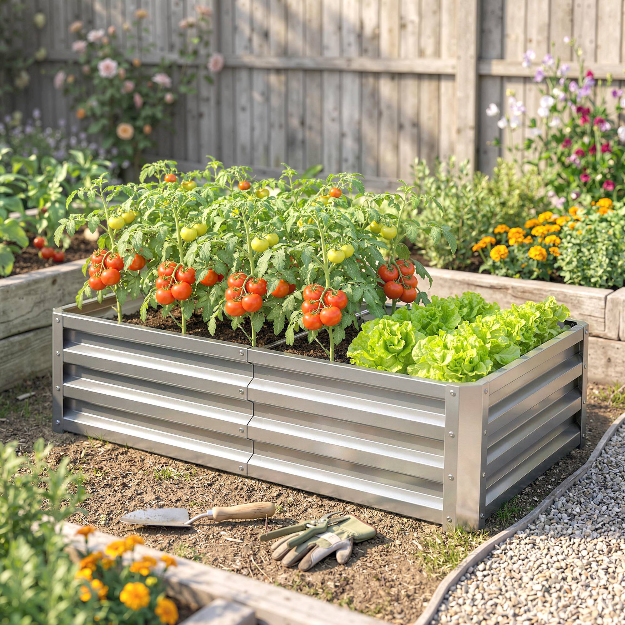 Potager rectangulaire en tôle acier ondulée argent 120 x 60 x 30,5 cm, bac surélevé pour jardin terrasse extérieur - Image 4