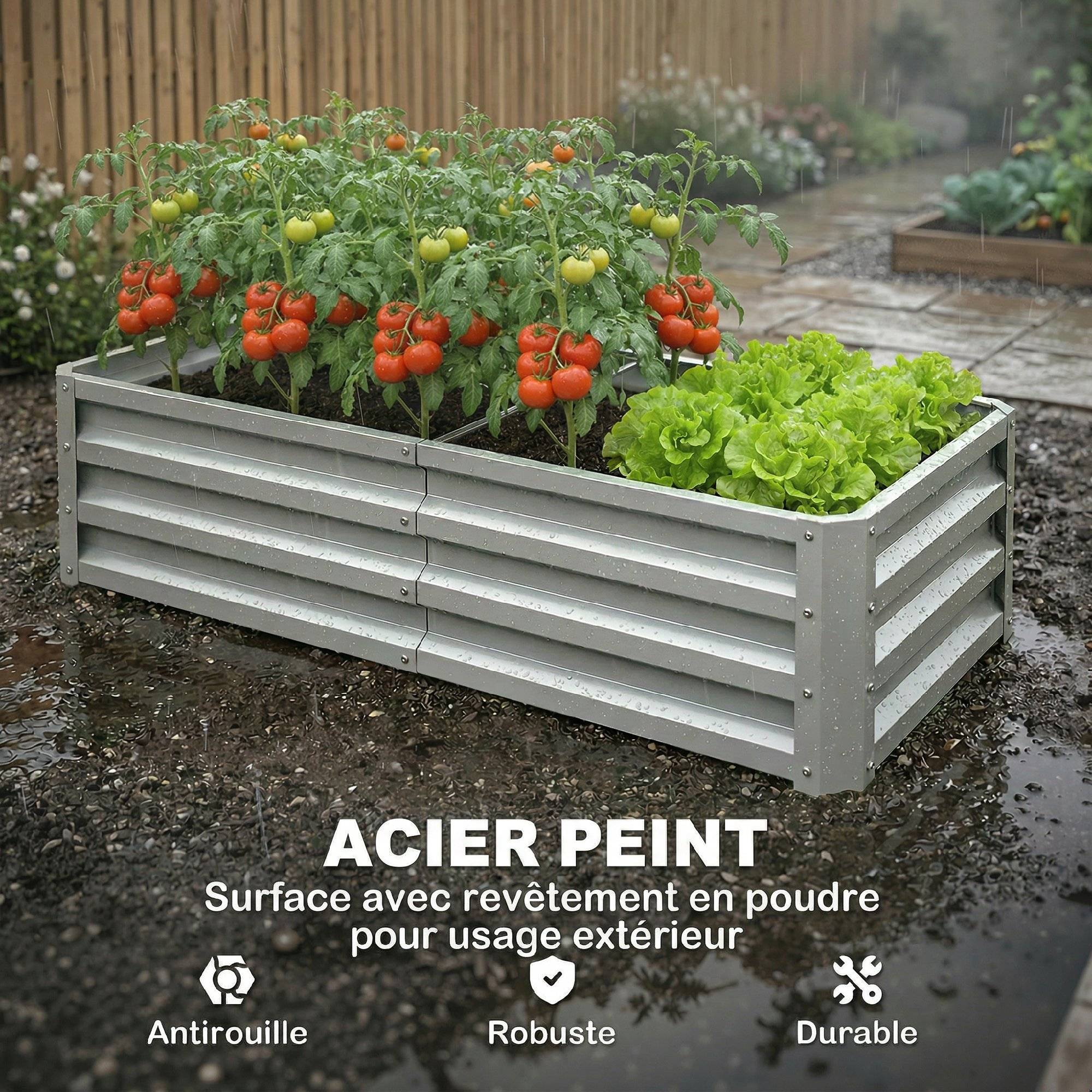 Potager rectangulaire en tôle acier ondulée argent 120 x 60 x 30,5 cm, bac surélevé pour jardin terrasse extérieur - Image 6