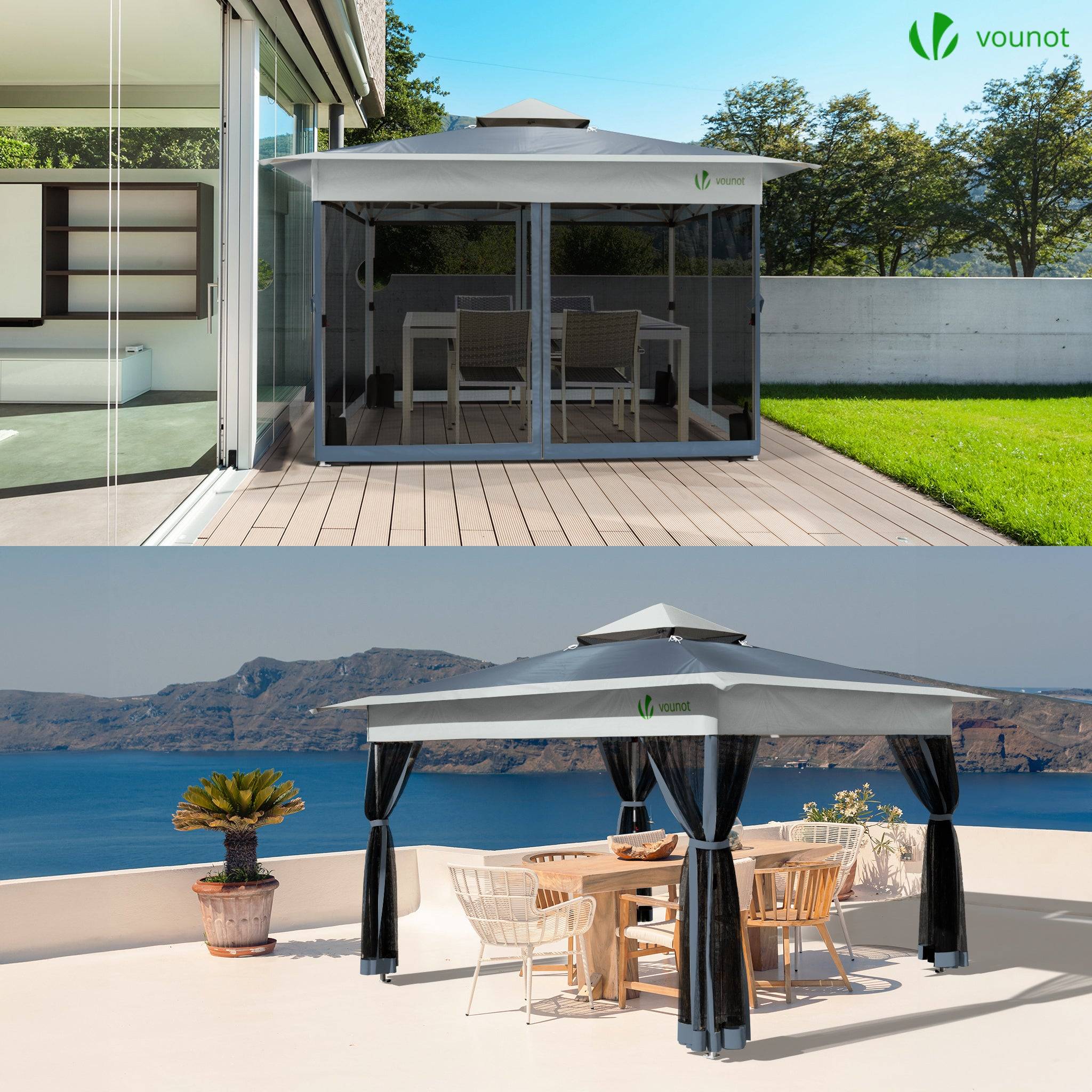 VOUNOT® Tonnelle de jardin 3,6x3,6m pliable avec moustiquaire installation facile POP UP gris - Image 2