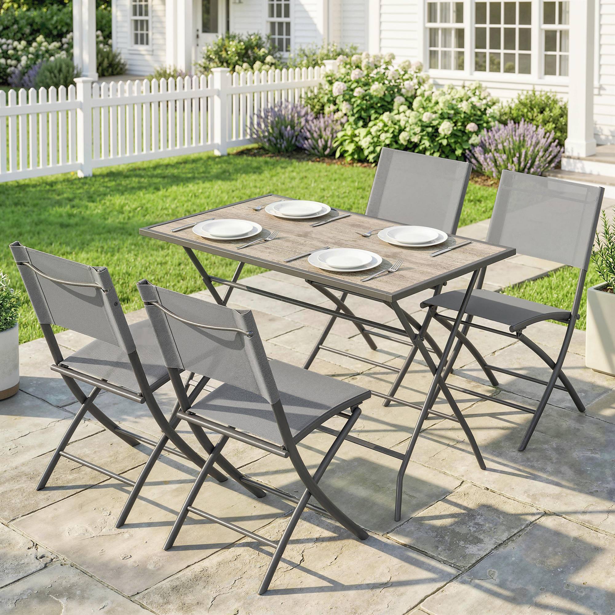 ComfortXL - Salon de jardin 5 pièces acier gris table effet bois 4 chaises pliantes respirantes gain de place terrasse - Image 1