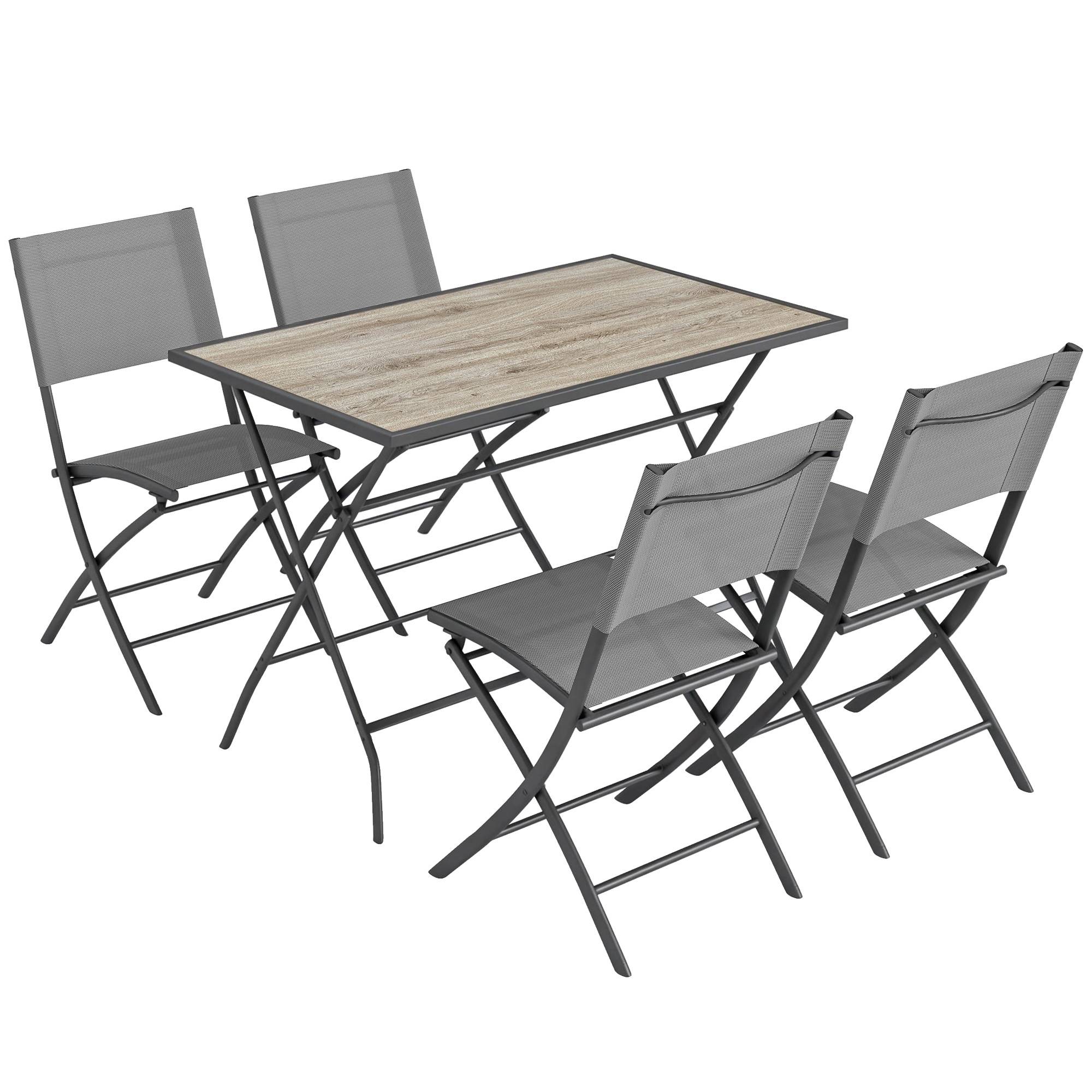 ComfortXL - Salon de jardin 5 pièces acier gris table effet bois 4 chaises pliantes respirantes gain de place terrasse - Image 10