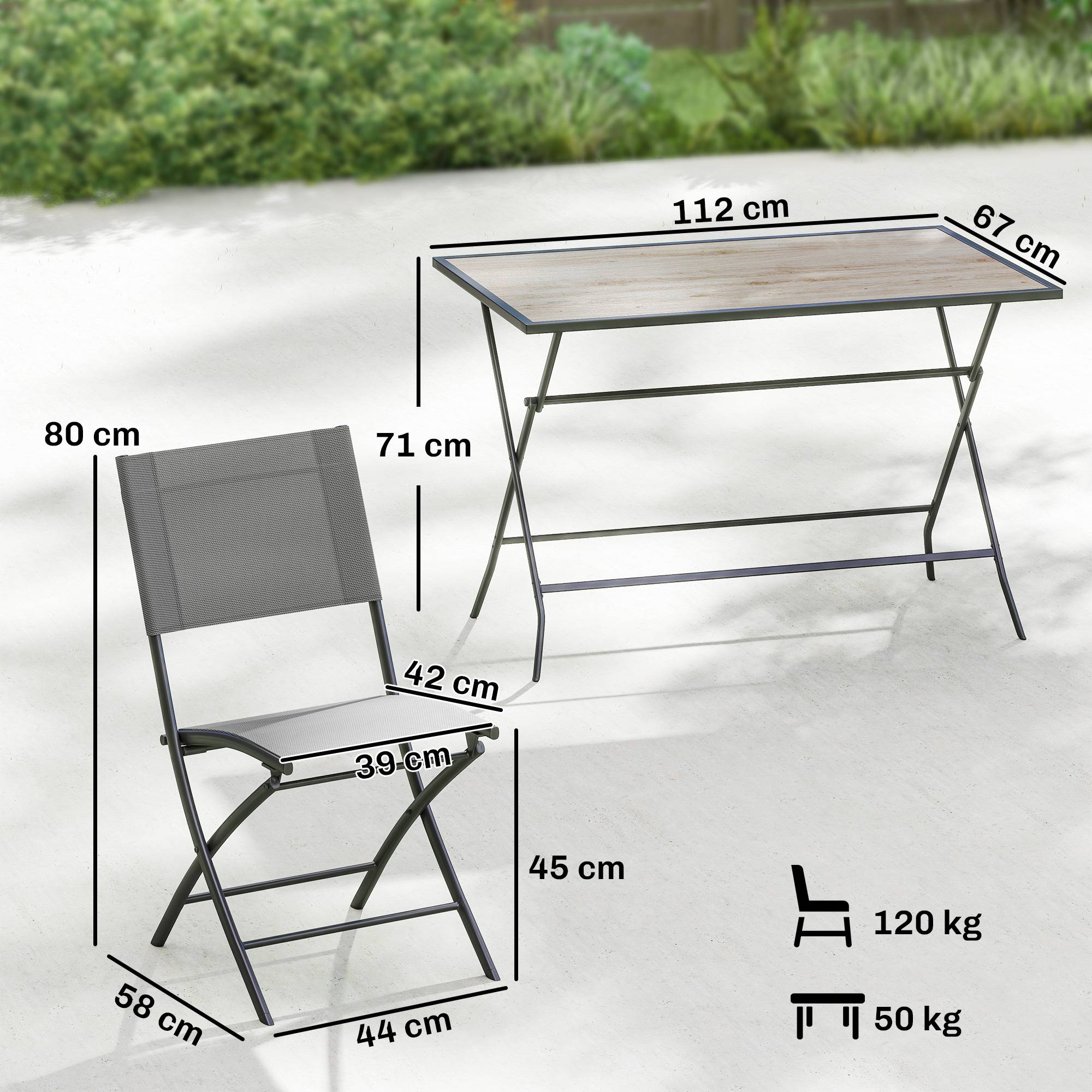 ComfortXL - Salon de jardin 5 pièces acier gris table effet bois 4 chaises pliantes respirantes gain de place terrasse - Image 3