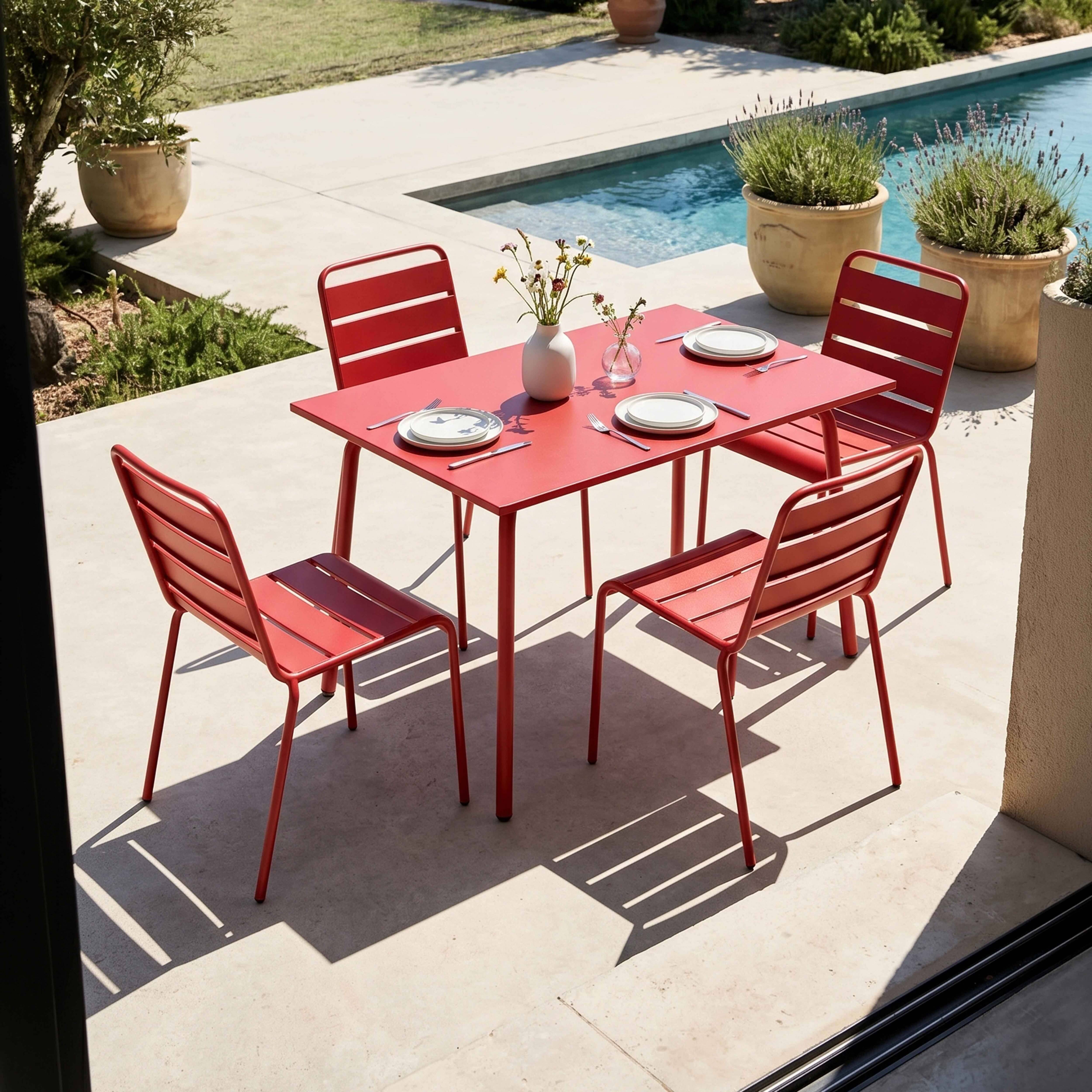 Oviala - Ensemble table de jardin en métal et 4 chaises rouge Palavas - Oviala - Imagen 2