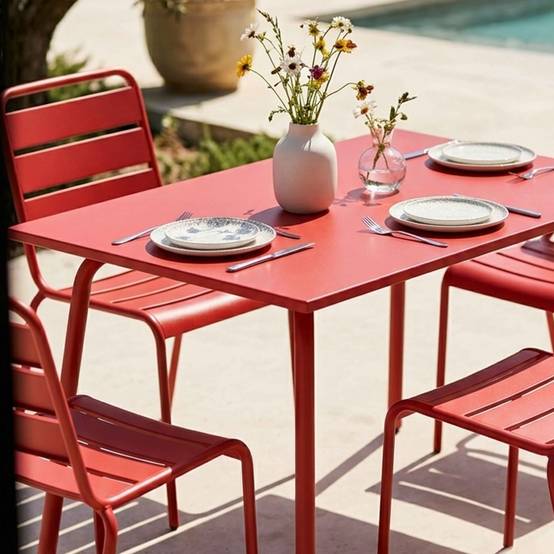 Oviala - Ensemble table de jardin en métal et 4 chaises rouge Palavas - Oviala - Imagen 3