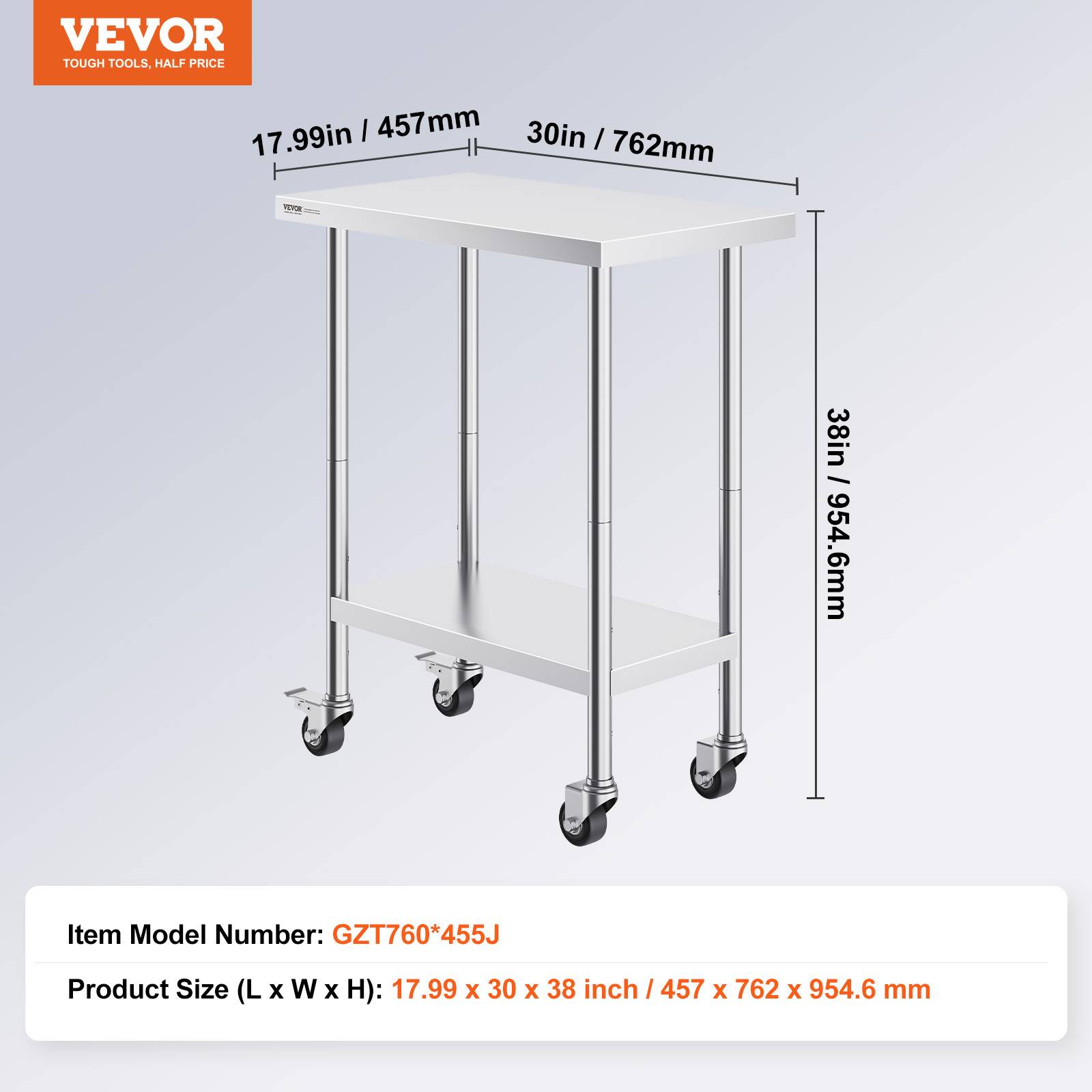 VEVOR Table préparation inox 30x18x38 pouces, 4 roulettes, 3 réglages hauteur, pour cuisine restaurant. - Image 7