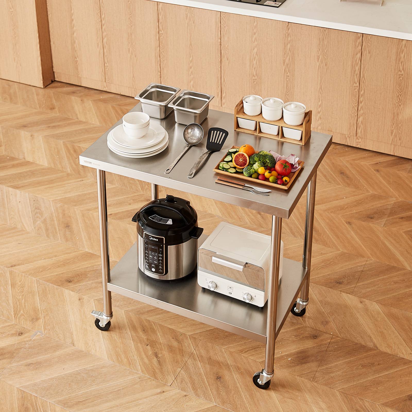 VEVOR Table préparation inox 30x18x38 pouces, 4 roulettes, 3 réglages hauteur, pour cuisine restaurant. - Image 8
