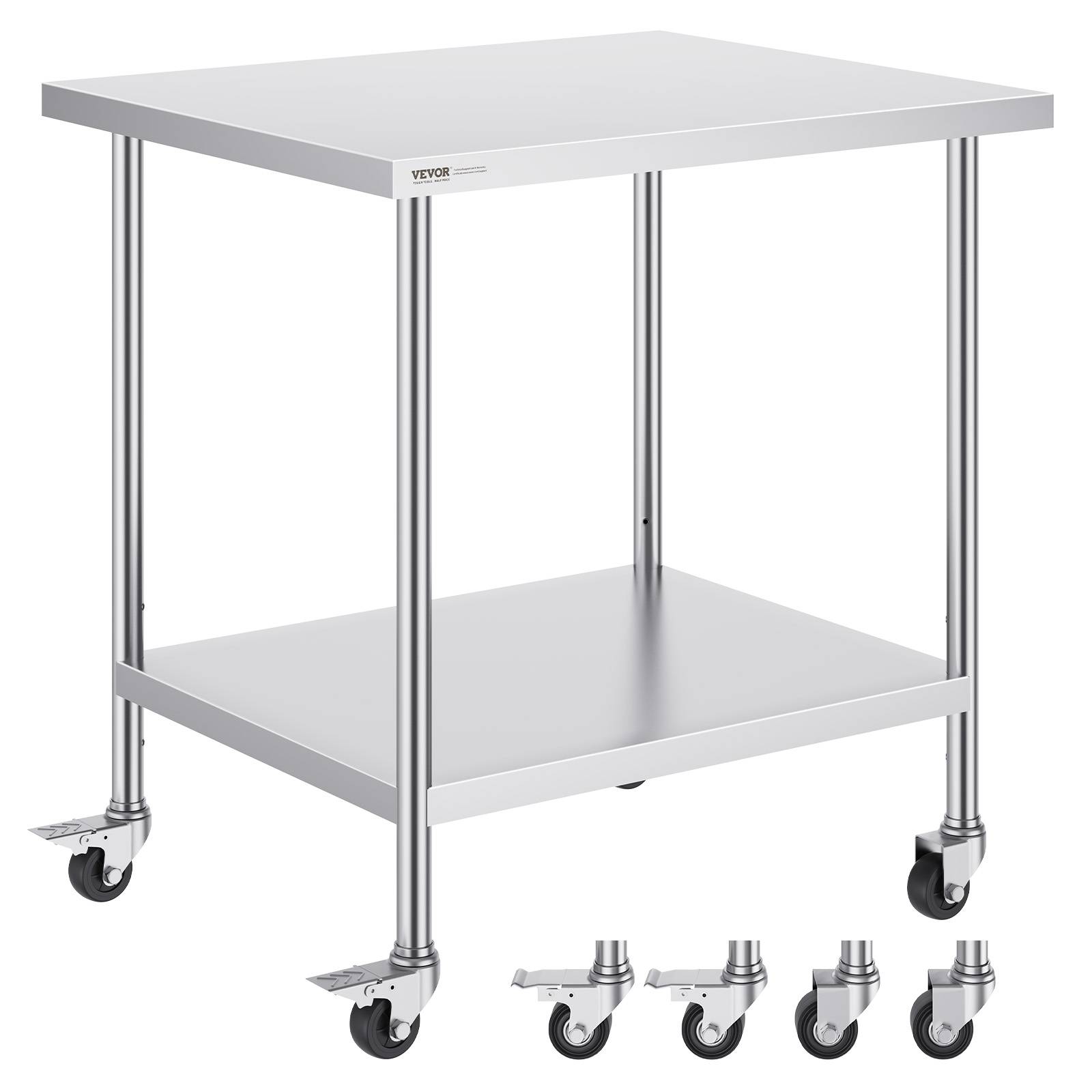 VEVOR Table préparation inox 30x18x38 pouces, 4 roulettes, 3 réglages hauteur, pour cuisine restaurant. - Image 1